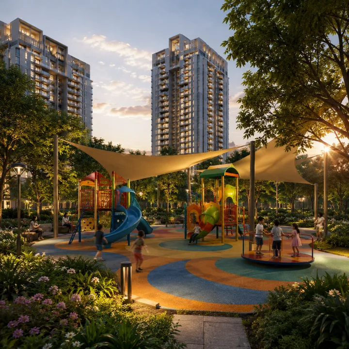 Sattva Kanakapura Road children's play area with towers in the background